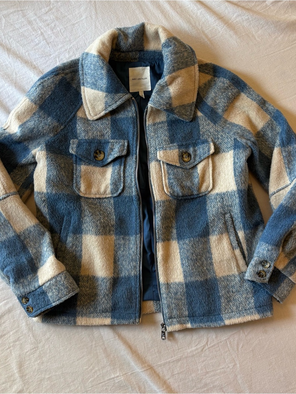 Aritzia Blue and Cream Plaid Wool-Blend Zip Jacket
